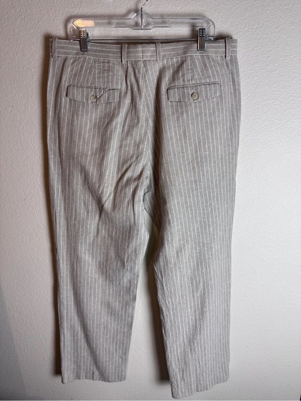 Perry Ellis Men’s Linen Classic Fit Beige/White Pinstripe Dress Pants 36/32